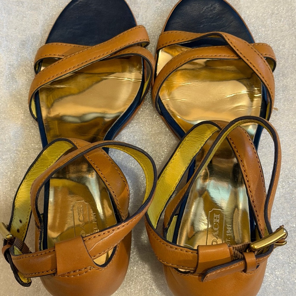 Coach CORETTA VEGAN Leather Wedge Heels in ginTan and Gold Strappy Heels in Ging - Picture 9 of 13